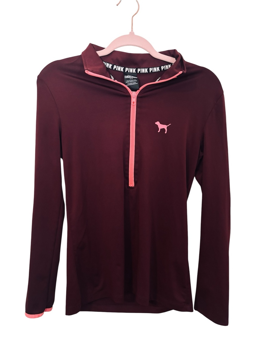 PINK Victoria's Secret Maroon Long-Sleeve Half-Zip Top with Pink Accents
